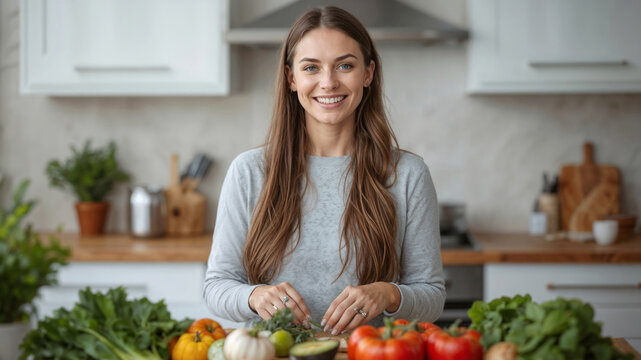 Young woman smiles warmly in bright kitchen. Fresh vegetables surround her, colorful and abundant. Her hands rest gently on produce, conveying care and joy. Ideal for health, wellness