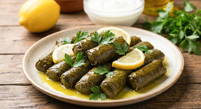 Traditional greek dolma stuffed grape leaves with lemon and sauce