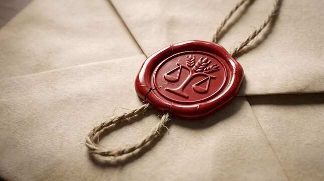 A red wax seal with a tree design is placed on a folded brown envelope with a rope.