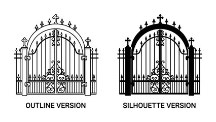 Obraz premium Ornate Gate Set: Two beautifully designed metal gates, one an outline and the other a silhouette, showcase intricate scrollwork and Gothic architectural elements.