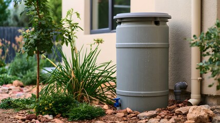 Obraz premium A gray rainwater collection barrel stands beside a house near greenery and rocks connected to a downspout for outdoor use