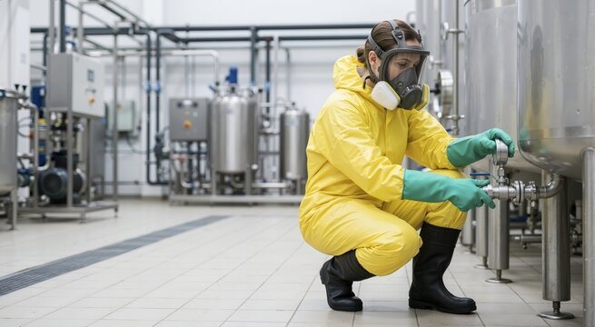 Female worker in yellow hazmat suit adjusting valve on stainless steel tank. Industrial cleaning and chemical protective wear in manufacturing plant