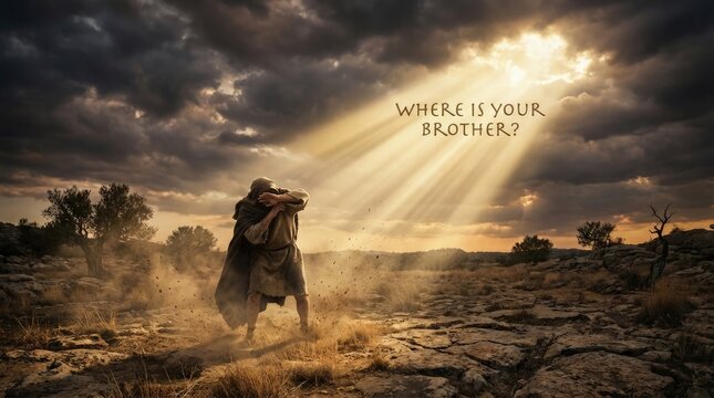 Ancient brother betrayal: Cain figure, Abel sacrifice, Bible narrative, religion consequence, divine question, human anguish, barren land.