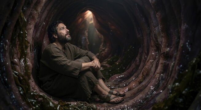 Prophet Jonah sitting inside a large fish belly looking at a light glow. Biblical story of Jonah and the whale. Old Testament hero in a dark organic chamber