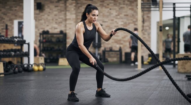 Woman performing battle ropes exercise in a gym. Female athlete doing high intensity functional training with heavy ropes. Strength and conditioning fitness workout concept