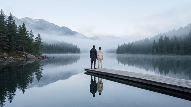 Couple Standing on Dock Contemplating Misty Mountain Lake