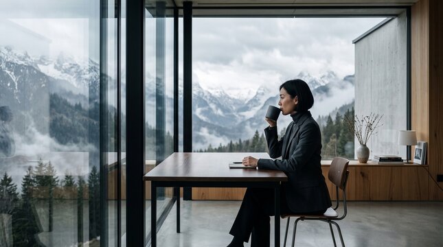 Professional Woman Contemplating While Holding Coffee by Mountain Window