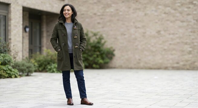 Smiling woman wearing olive green duffle coat with toggle buttons. Casual autumn fashion portrait outdoors. Full length standing on paved street