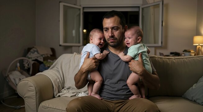 Exhausted Hispanic father holding crying twins in a dark living room. Stressed dad looking defeated at night. Sleep deprivation and parenting
