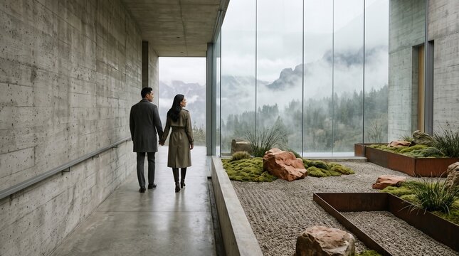 Couple Walking Through Modern Building Overlooking Mountain Valley
