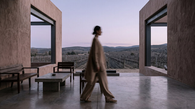 Woman Walking Through Modern Architecture Overlooking Vineyard
