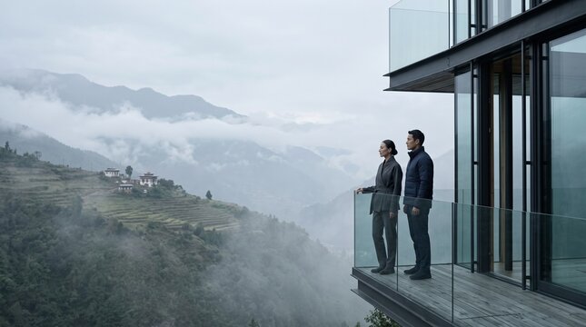 Business Professionals Overlooking Mountain Valley View