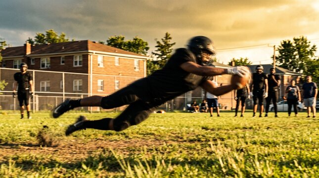Football Player Diving to Catch Ball During Game