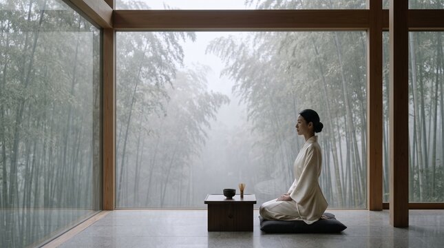 Woman Meditating in Minimalist Room Overlooking Bamboo Forest