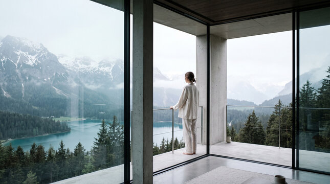 Woman Gazing at Mountain Lake Vista from Modern Balcony