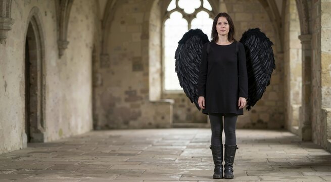 Woman wearing large black feathered angel wings in an old stone building. Female model in a dark gothic costume standing in an empty hall with arched windows. Fantasy and cosplay concept