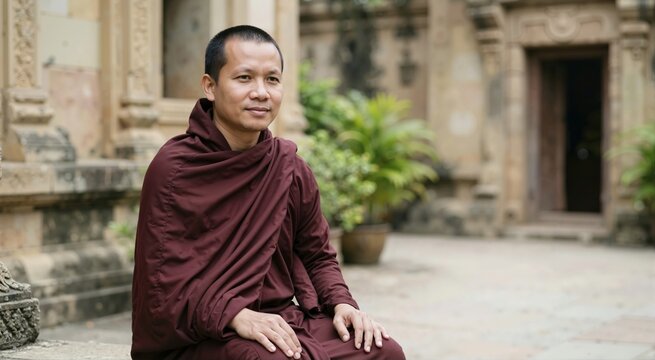 Buddhist monk in maroon robe sitting in temple courtyard. Traditional religious garment and spiritual lifestyle. Asian culture and heritage