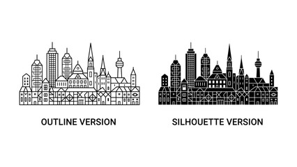 Obraz premium Cityscape Duo: A set of two detailed illustrations showcases a vibrant cityscape, one as a clear outline and the other as a striking silhouette, offering versatile design elements.