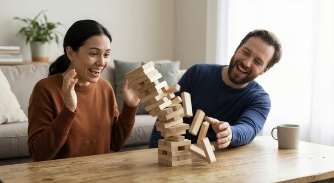 Couple laughing as a wooden block tower falls on a coffee table. Man and woman playing a balancing board game in a living room. Fun indoor leisure activity concept