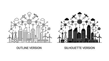 Obraz premium Smart City Connectivity Infographic: A clean and modern graphic design featuring outline and silhouette styles, illustrating a connected urban infrastructure with network, satellite.