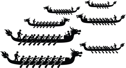 Dragon boat silhouettes with rowers black vector illustration on white background © Noyon