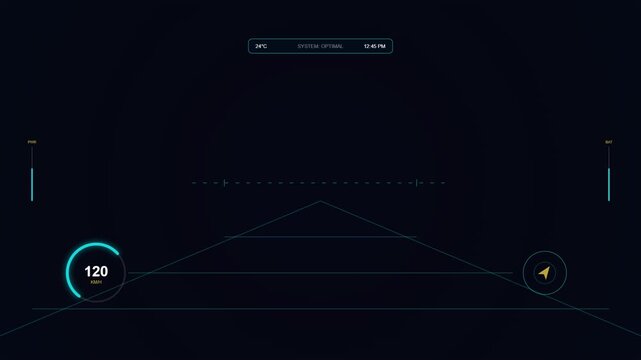 Futuristic digital car dashboard interface with speedometer and HUD display