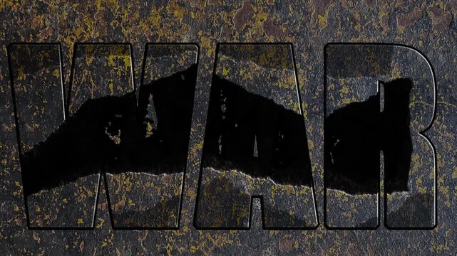 War typography animated with gritty metallic textures creates a harsh industrial aesthetic suitable for intense and dramatic motion video projects.