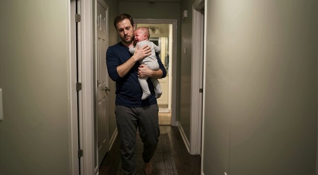 Stressed father walking the hallway at night with a crying baby. Tired dad comforting an upset infant. Sleep deprivation and parenting challenges