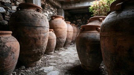 Fototapeta premium Traditional large terracotta amphorae jars resting inside a rustic stone cellar for ancient style wine fermentation processes capturing an authentic