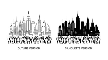 Cityscape Duo: A striking graphic illustration presents two contrasting cityscapes, one as a detailed outline and the other as a solid silhouette. © muaiqly