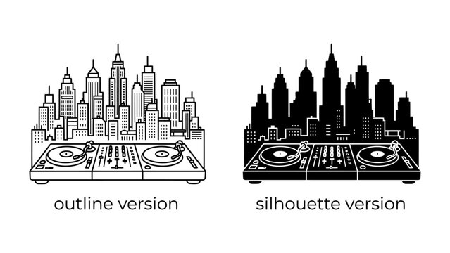 Cityscape DJs: A graphic representation of a cityscape combined with DJ turntables, presented in both outline and silhouette versions, symbolizing urban nightlife and music culture.