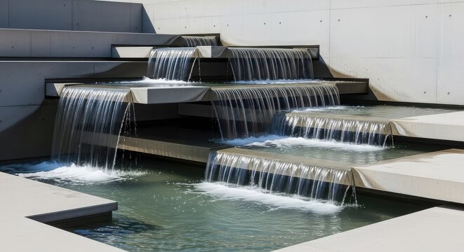 A minimalist architectural concrete waterfall features sleek geometric tiers with water cascading smoothly down into a modern basin, outdoor, brutalist, basin