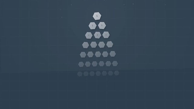 Animated pyramid diagram with geometric hexagonal blocks building up