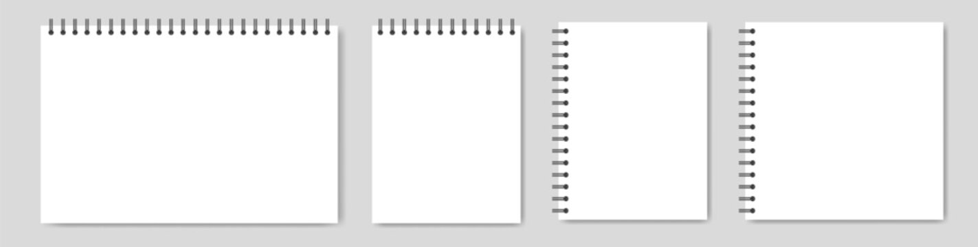 Mockup of a white notebook with spiral. A5, A4, and square format. Shiny metal binder clip. Mockup of a small book, diary, notepad. Copybook, white sheets of paper with black binder. Landscape