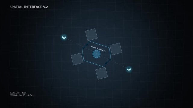 Futuristic spatial interface with digital tracking and data navigation