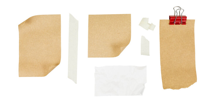 set of brown paper post-it notes with blank name tags and ripped stripes of tape isolated on white or transparent png