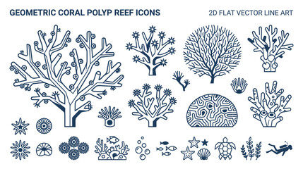 Coral Reef Icons Set: Geometric Polyp, Sea Life, Diver, 2D Flat Vector Art © purnama