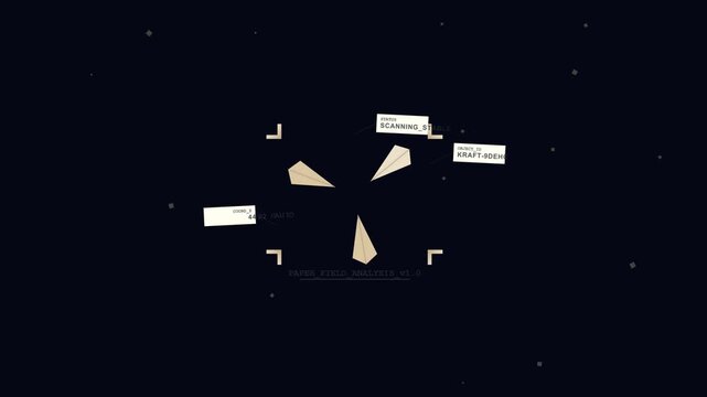 Digital interface displaying animated paper planes scanning in 3D space