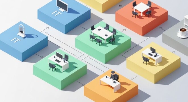 business workflow process with office workers on colored blocks