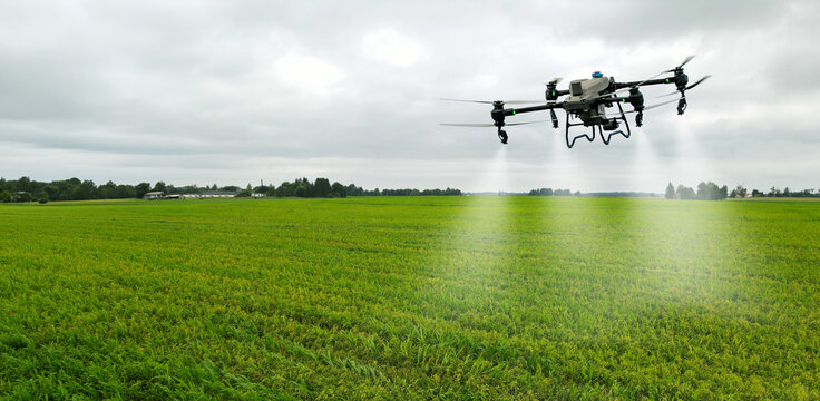 Agricultural spray drone flying over crop field for smart precision farming. Pesticide, fertilizer application. Banner with copy space