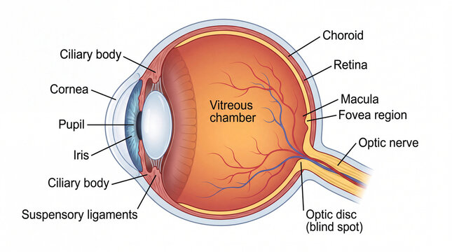 Detailed cross-section of a human eye showing anatomy including cornea, lens, retina, and optic nerve connection
