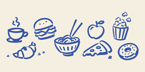 Fototapeta na wymiar Fast Food Snacks Blue Doodle Set Vector Illustration