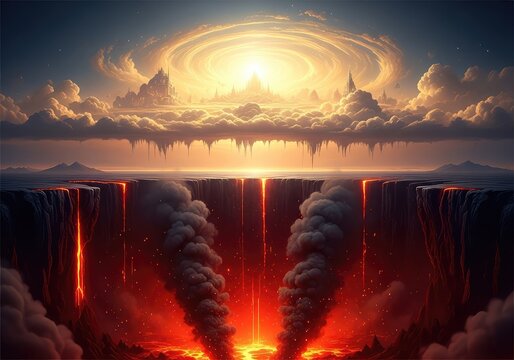 A vertical landscape featuring a bright celestial paradise with golden clouds above a dark cavernous abyss filled with red fire and smoke, hell, salvation, orange