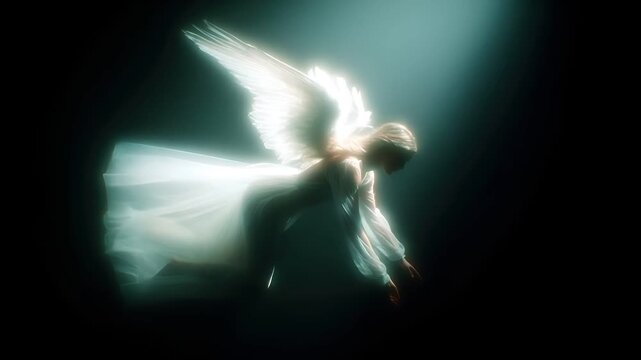 Fantasy, mysterious, wallpaper. A digital artwork depicts a serene angel in a dynamic pose. The angel is depicted in a side profile, with its wings spread wide, creating a sense of freedom and grace.