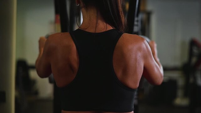 A female in her 20s trains in a gym, performing a strength exercise focused on the upper back. The video captures her movements from different angles to highlight muscle engagement