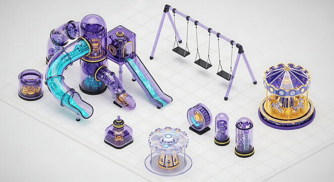 Futuristic playground set featuring a translucent purple slide carousel and swing equipment designed in an isometric 3D clipart style on white