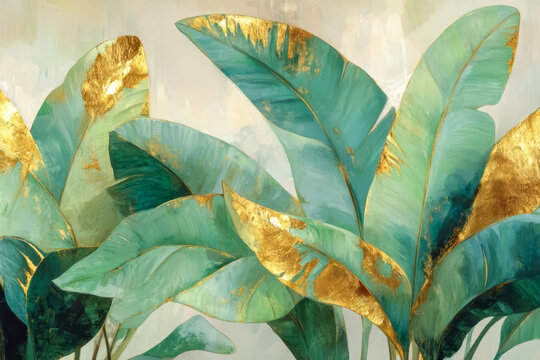 Abstract tropical leaf composition combines minimalist design, textured neutral tones, and decorative botanical elements for wallpaper and surface design.