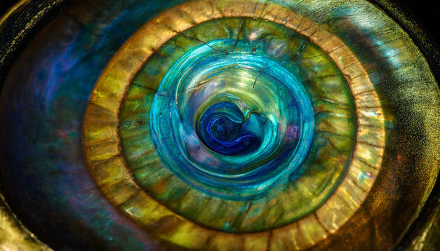  Iridescent abalone shell spiral interior close up macro photography showing swirling blue green and gold mother of pearl texture and natural pattern perfect for jewelry design 