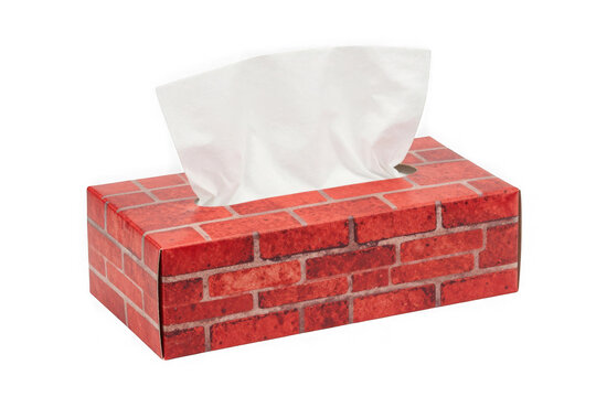 Red brick pattern tissue box with white tissues on background.