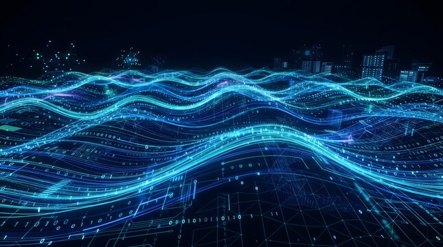 Digital Wave Network Abstract: Futuristic Blue Data Mesh And Flowing Technology Grid Visualization For Analytics
